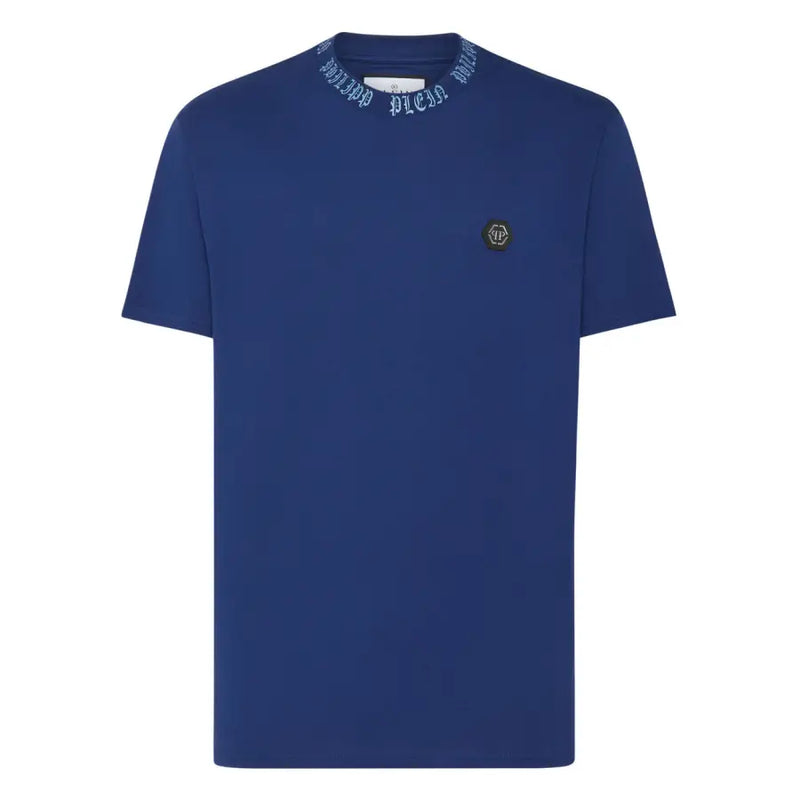 Philipp Plein Männer t-shirt Marineblaues Kurzarmshirt mit geripptem Kragen, weißem Sticktext und schwarzem Logo-Patch auf der Brust