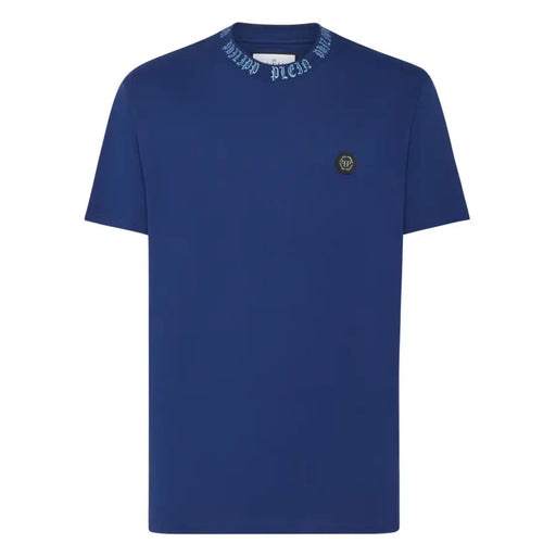 Philipp Plein men t-shirt navy blue short-sleeved with ribbed collar white embroidered text and black logo patch on chest