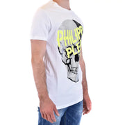 Philipp Plein Men t-shirt in Weiß mit einem auffälligen Totenkopfmotiv, silbernen Pailletten und neongelber Schrift