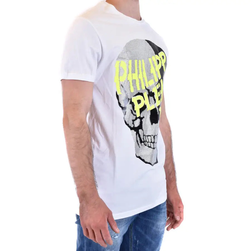 Philipp Plein Men t-shirt in Weiß mit einem auffälligen Totenkopfmotiv, silbernen Pailletten und neongelber Schrift