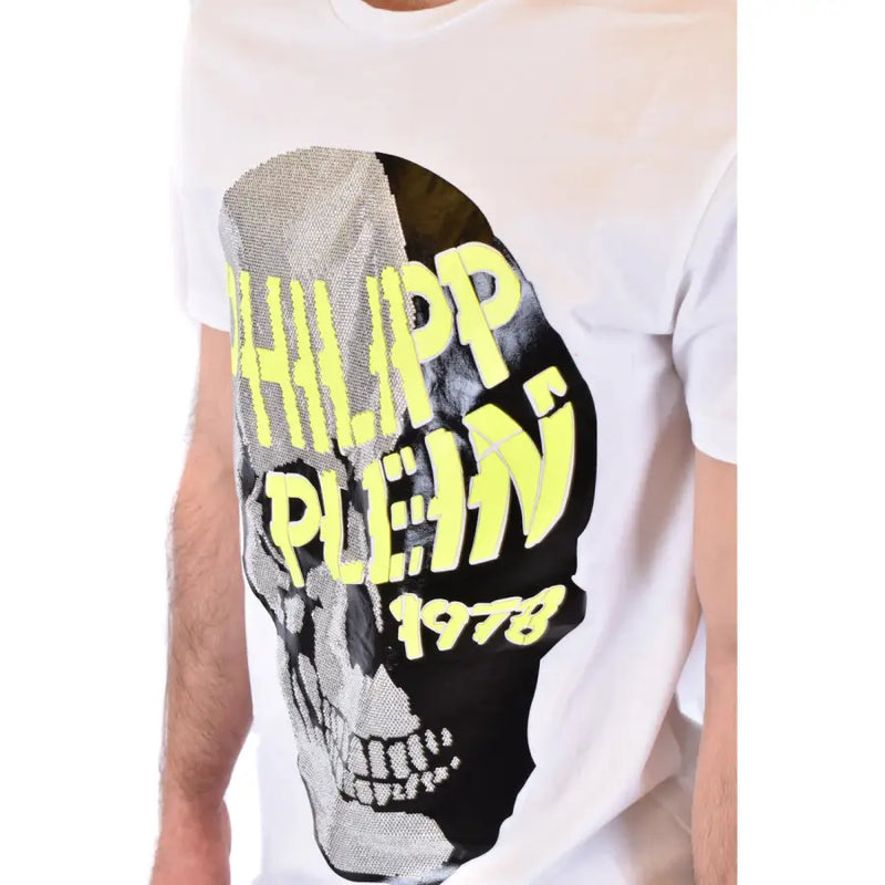 Weiße Philipp Plein Männer t-shirt mit auffälliger Totenkopfgrafik, halb silberne Pailletten, halb schwarze und neongelbe Schriftzüge, 1978 unten