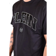 Philipp Plein men black short-sleeved t-shirt with bold plein lettering outlined in rhinestones and small white logo below