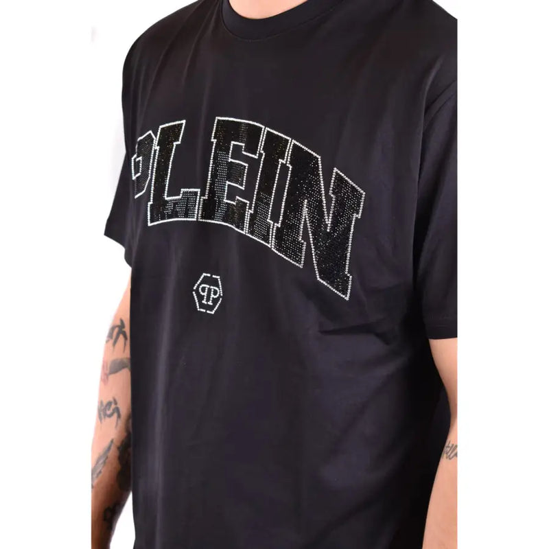 Philipp Plein men black short-sleeved t-shirt with bold plein lettering outlined in rhinestones and small white logo below