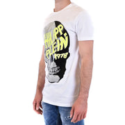 Weiße Philipp Plein Männer t-shirt mit einer auffälligen Totenkopfgrafik, schwarzen und silbernen Pailletten und neongelbem Text