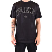 Black Philipp Plein men t-shirt with short sleeves and sparkling silver plein lettering and logo on the chest