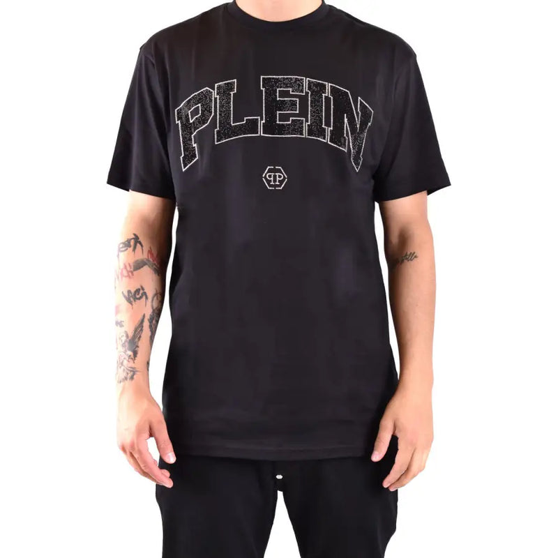 Black Philipp Plein men t-shirt with short sleeves and sparkling silver plein lettering and logo on the chest