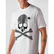 Philipp Plein Herren weiß Kurzarm t-shirt mit markantem, schwarzem, strukturiertem Totenkopf- und Knochen-Grafikdesign