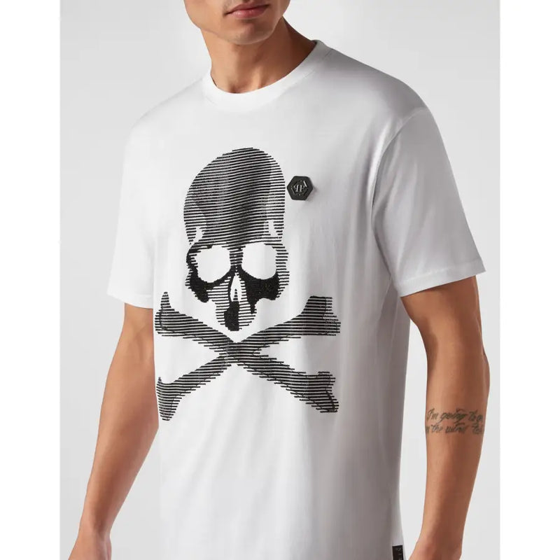 Philipp Plein Herren weiß Kurzarm t-shirt mit markantem, schwarzem, strukturiertem Totenkopf- und Knochen-Grafikdesign