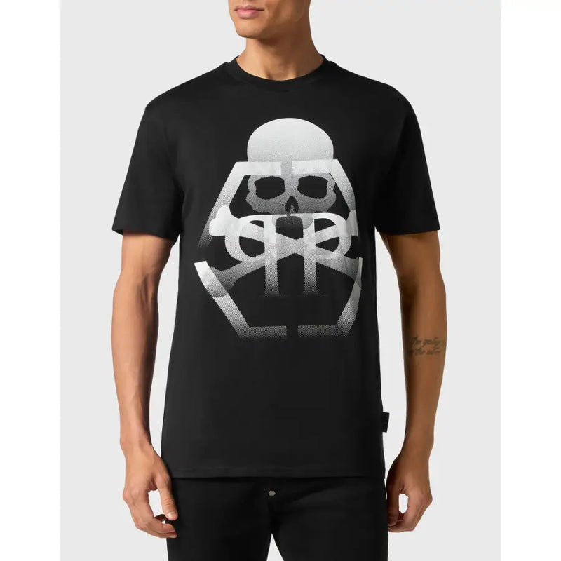 Black short-sleeved Philipp Plein men t-shirt with bold white skull and crossbones gradient graphic on front
