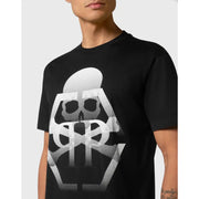 Black short-sleeved cotton Philipp Plein men t-shirt featuring a bold white halftone skull and crossbones graphic