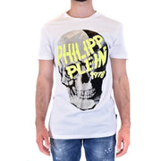 Weiße Philipp Plein Männer t-shirt mit einem auffälligen Totenkopfmotiv, schwarzen und silbernen Pailletten und neongelber Schrift