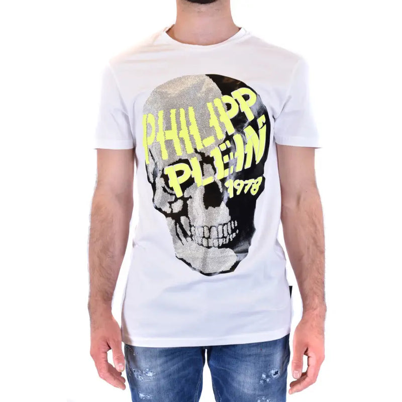 Weiße Philipp Plein Männer t-shirt mit einem auffälligen Totenkopfmotiv, schwarzen und silbernen Pailletten und neongelber Schrift