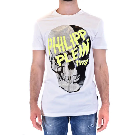 White Philipp Plein men t-shirt featuring a bold skull graphic with black and silver sequins and neon yellow lettering