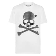 Weißes, kurzärmeliges Herrenhemd von Philipp Plein t-shirt mit markantem, schwarzem Totenkopf- und Knochenmuster