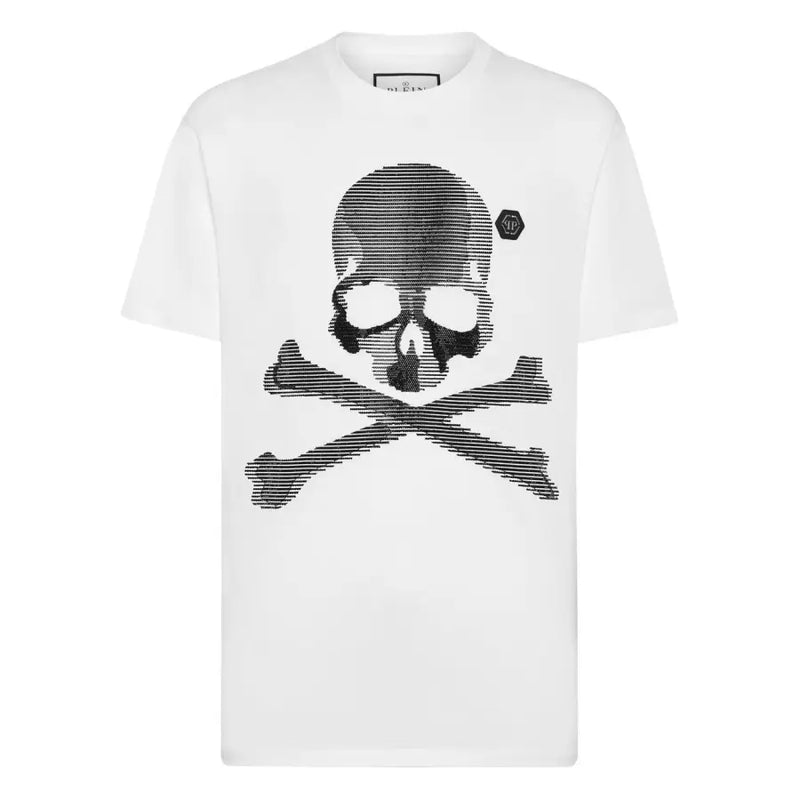 Weißes, kurzärmeliges Herrenhemd von Philipp Plein t-shirt mit markantem, schwarzem Totenkopf- und Knochenmuster