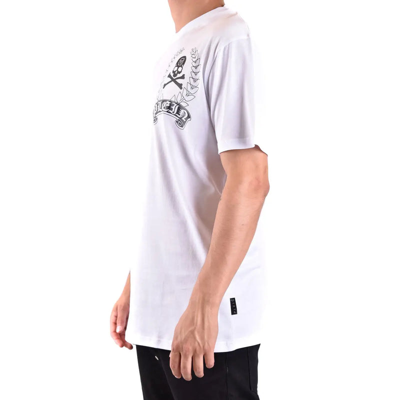Philipp plein men white cotton t shirt round neck with black skull and crossbones laurel wreath graphic on front