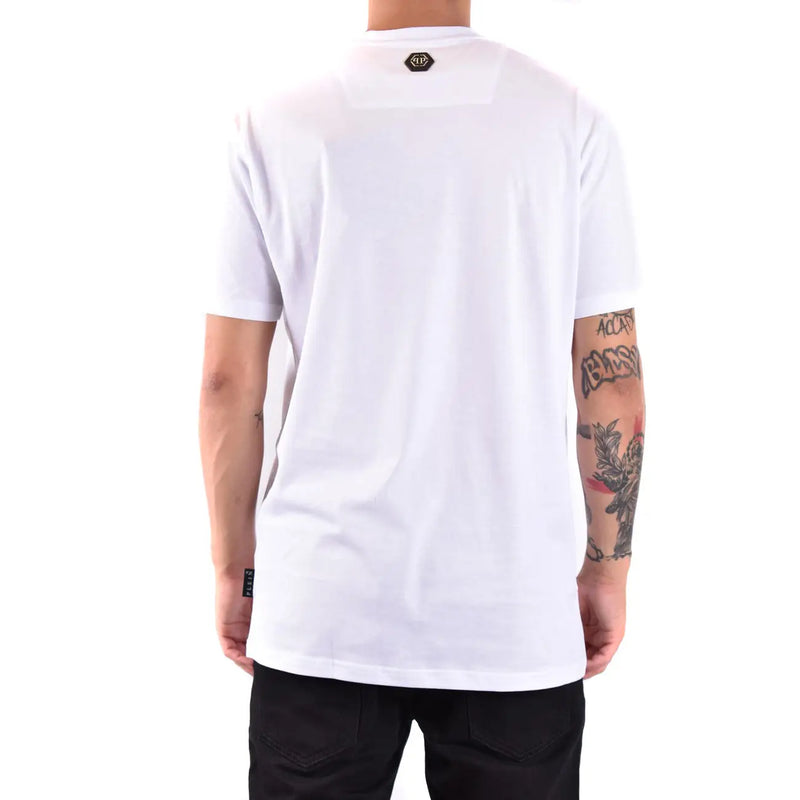 Philipp plein men white cotton t shirt with short sleeves black hexagonal logo at neckline and small tag on lower side
