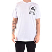 Philipp plein men white cotton t shirt with round neck and black skull crossbones laurel wreath graphic design