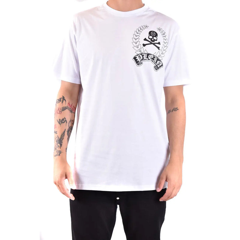 Philipp plein men white cotton t shirt with round neck and black skull crossbones laurel wreath graphic design
