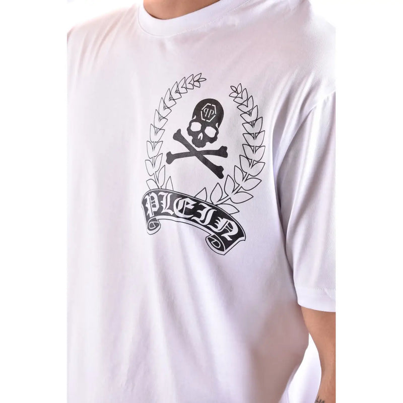Philipp plein men white cotton t shirt round neck with black skull graphic and laurel wreath design on front
