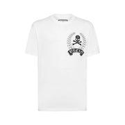Philipp plein men white cotton t shirt with round neck and black embroidered skull and crossbones laurel wreath emblem