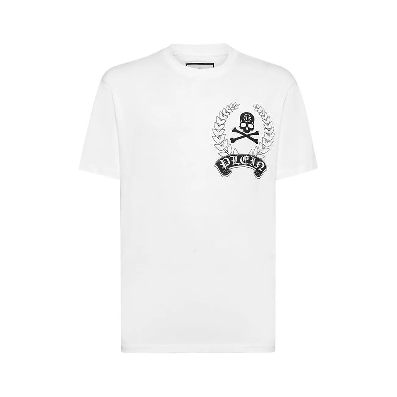 Philipp plein men white cotton t shirt with round neck and black embroidered skull and crossbones laurel wreath emblem