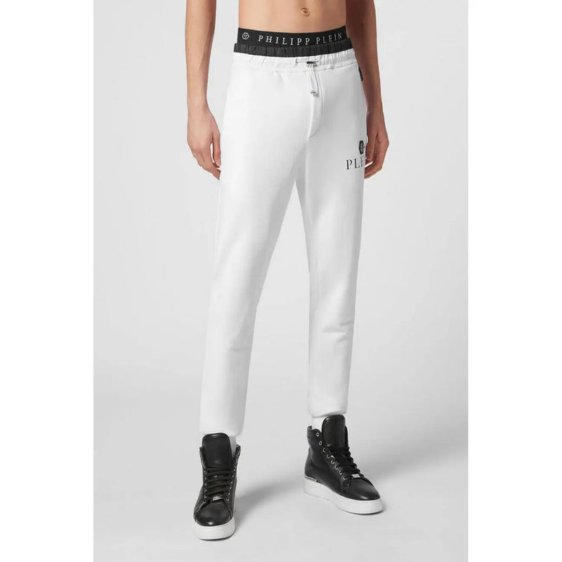 Philipp Plein Herren-Jogginghose aus weißer Baumwolle mit schwarzem Gummibund und Logostickerei (Vorderansicht)