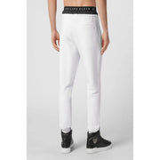 Philipp Plein Herren-Jogginghose aus weißer Baumwolle mit schwarzem Gummibund und passenden Logo-Seitenstreifen