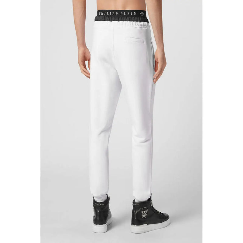 Philipp Plein Herren-Jogginghose aus weißer Baumwolle mit schwarzem Gummibund und passenden Logo-Seitenstreifen