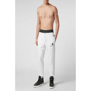 Philipp Plein Herren-Jogginghose aus weißer Baumwolle mit schwarzem Bund und Logostickerei am Bein