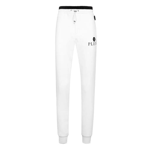 Pantalon de jogging Philipp Plein pour homme, en coton blanc, avec taille élastique noire et logo sur la cuisse.