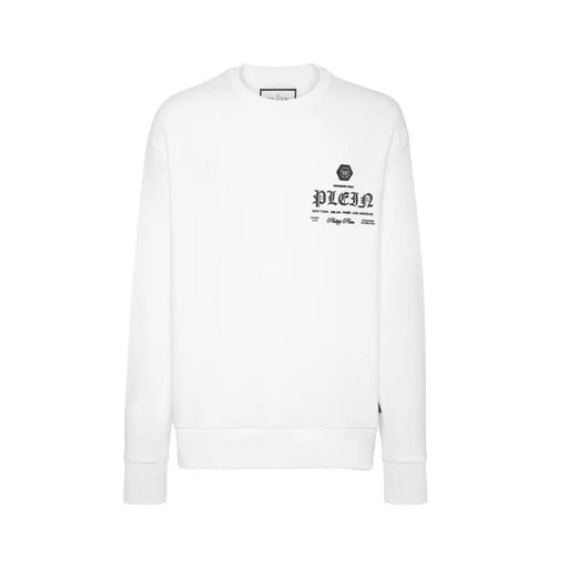 White cotton long-sleeved crewneck sweatshirt with small black graphic design on chest