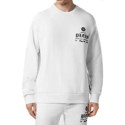 Philipp plein white cotton round neck men sweatshirt with black embroidered logo and text on the chest