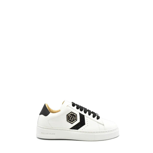 Philipp Plein Damen-Sneaker aus Leder, weiß, mit Schnürung, schwarzen Schnürsenkeln, Fersenlasche und sechseckigem Logo an der Seite