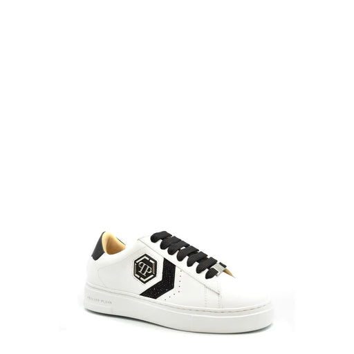 Philipp Plein Damen-Sneaker aus Leder, weiß, mit Schnürung, schwarzen Schnürsenkeln, glitzerndem schwarzem Streifen und Logo an der Seite