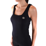 Philipp plein women black cotton sleeveless tank top with square neck and subtle hexagonal logo patch on chest