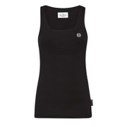 Black Philipp Plein women tank top in cotton with square neckline sleeveless design and logo embroidery on chest