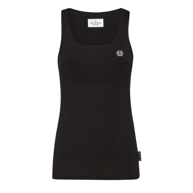 Black Philipp Plein women tank top in cotton with square neckline sleeveless design and logo embroidery on chest