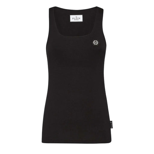 Black Philipp Plein women tank top in cotton with square neckline sleeveless design and logo embroidery on chest