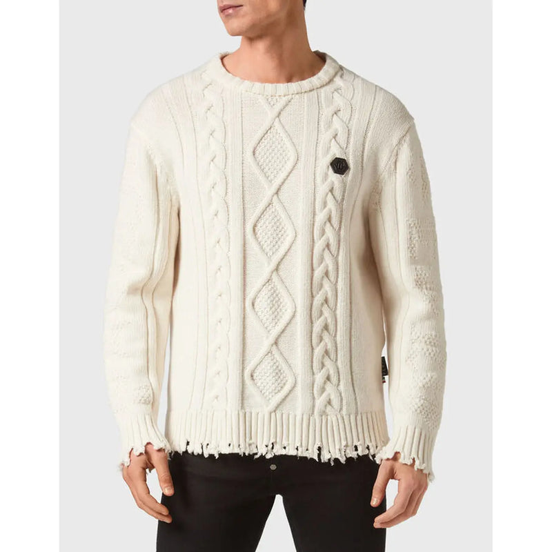 Philipp Plein Wollpullover für Damen in Creme mit Zopfmuster und ausgefranstem Saum und Bündchen, Vorderansicht
