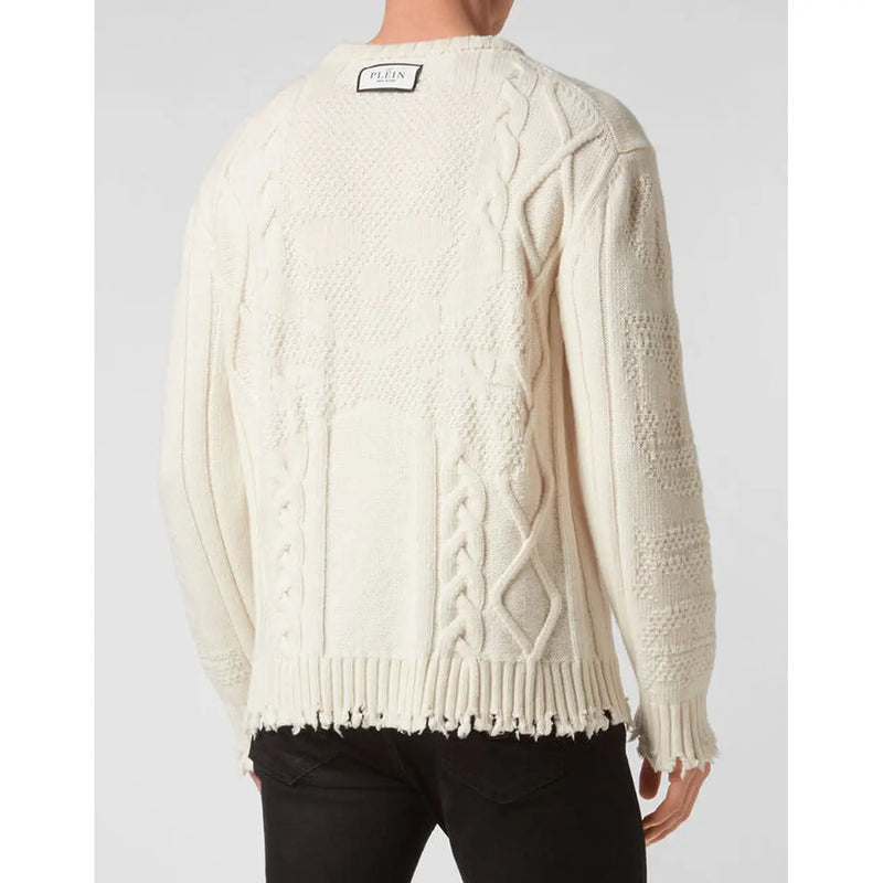 Philipp Plein Wollpullover für Damen in Creme mit Zopfmuster, ausgefranstem Saum und Bündchen, Vorderansicht