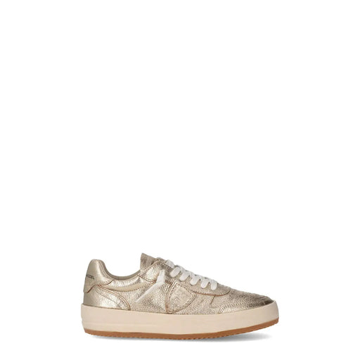 Philippe Plein Damen-Sneaker aus Leder, goldfarben, metallisch, niedrigtop mit strukturiertem Obermaterial, weißen Schnürsenkeln und Logo an der Seite