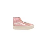 Pink high-top platform sneakers by Vans featuring leather material and laces
