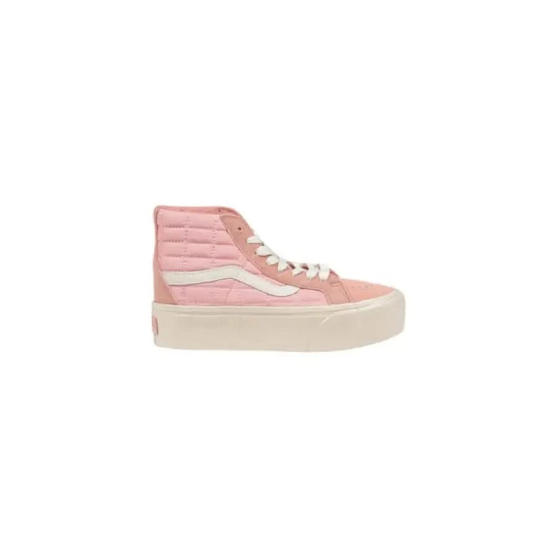 Pink high-top platform sneakers by Vans featuring leather material and laces