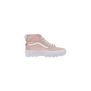 Pink high-top Vans sneakers for women with white side stripe and chunky lug sole