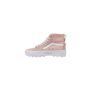 Pink high-top Vans sneakers with white wavy stripe and chunky sole for women