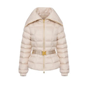 Beige quilted puffer jacket with wide collar and gold-buckled belt by Elisabetta Franchi