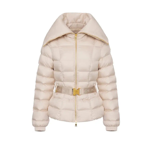 Beige quilted puffer jacket with wide collar and gold-buckled belt by Elisabetta Franchi