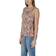 Pink sleeveless B.young women’s cotton tank top with thin straps and vibrant pink beige and black geometric pattern