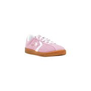 Pink suede Converse women winter sneakers with white laces and gum sole
